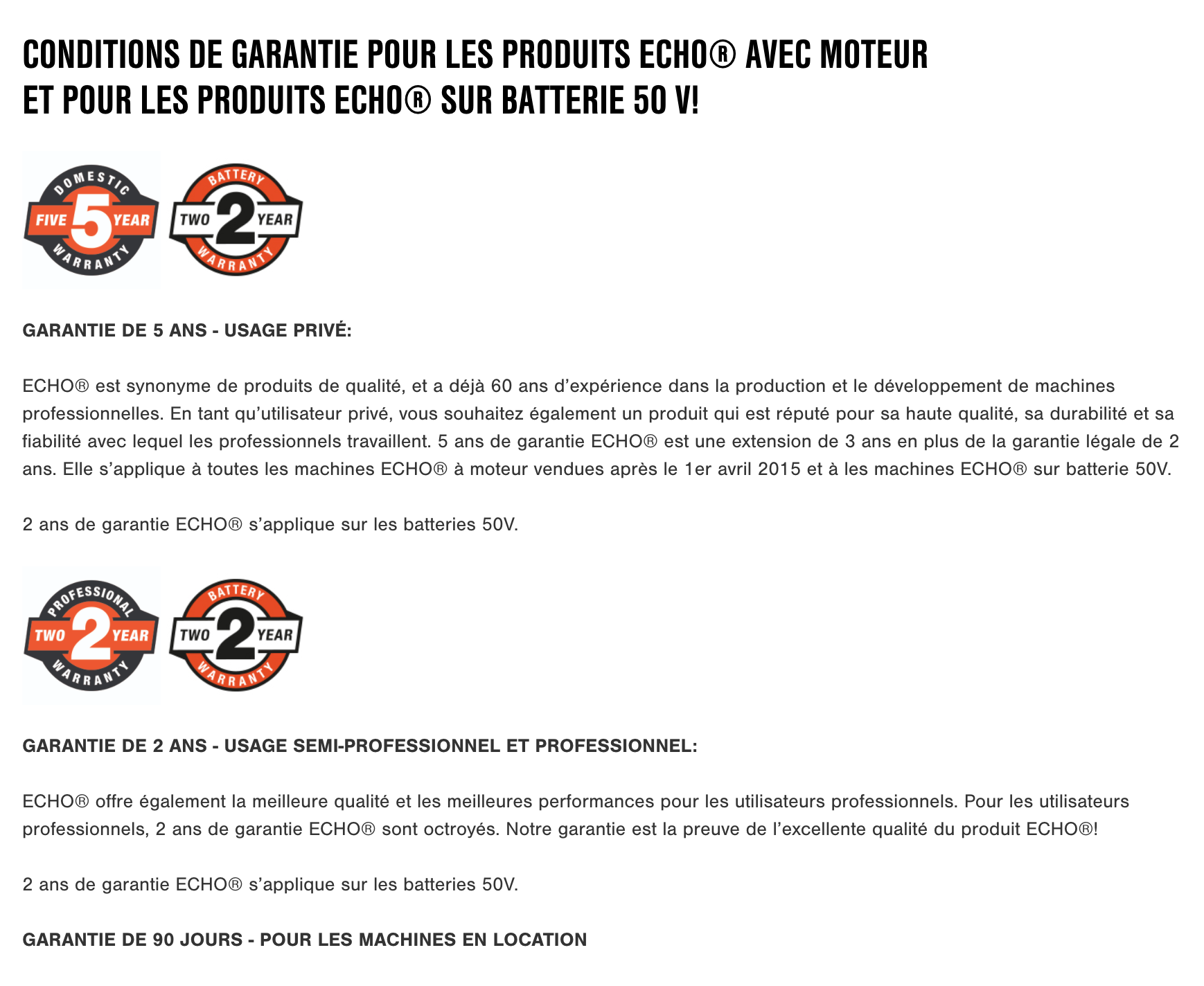 Conditions de garantie ECHO - D mini moteurs - Laval